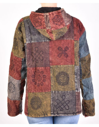 Pánska bunda s kapucňou zapínaná na zips, vínovo-šedá, potlač, stone wash