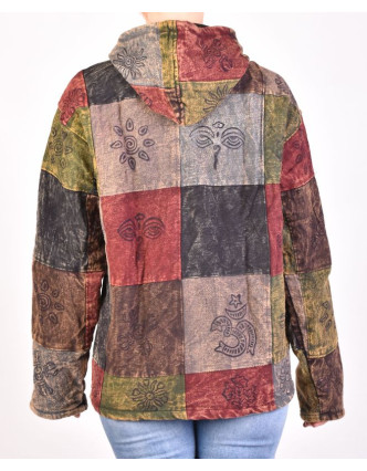 Pánska bunda s kapucňou zapínaná na zips, hnedo-šedá, potlač, stone wash