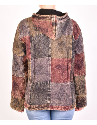 Pánska bunda s kapucňou zapínaná na zips, hnedo-šedá, potlač, stone wash