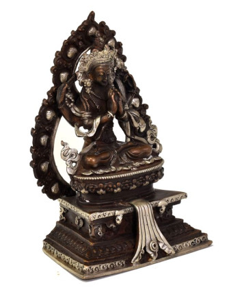Soška "Avalokiteshvara", sediaci, 13cm, poztříbřená, meď