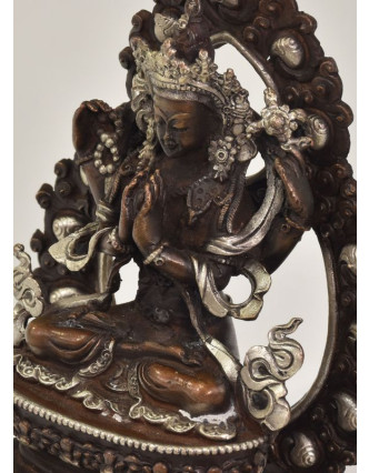 Soška "Avalokiteshvara", sediaci, 13cm, poztříbřená, meď
