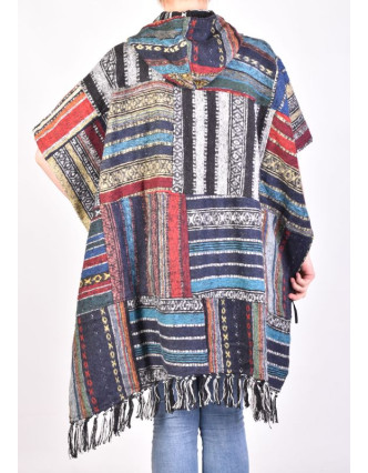 Tibetské pončo z česanej bavlny, vrecká, kapucňa, multifarebné, patchwork