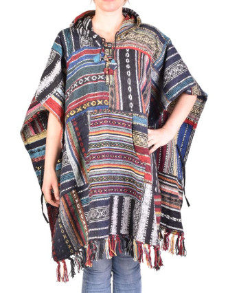 Tibetské pončo z česanej bavlny, vrecká, kapucňa, multifarebné, patchwork