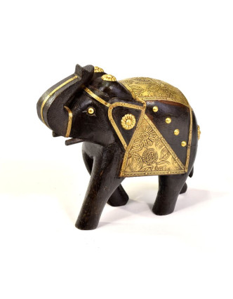 Slon, drevený, zdobený mosadzou, 17x8x17cm
