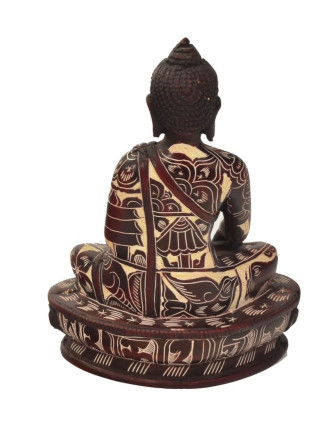 Budha Šákjamúni, sediaci, vyrezávané rúcho, živice, 14cm