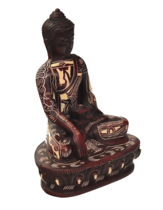 Budha Šákjamúni, sediaci, vyrezávané rúcho, živice, 14cm