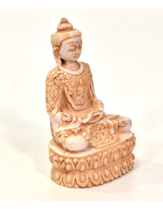 Budha, sediaci, biely, bohato zdobené rúcho, živice, 13cm