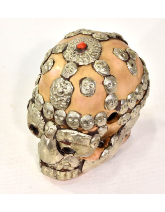 Lebka, rozkladacia, zdobená ručne tepaným kovom, živice, 12cm
