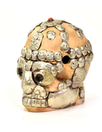 Lebka, rozkladacia, zdobená ručne tepaným kovom, živice, 12cm