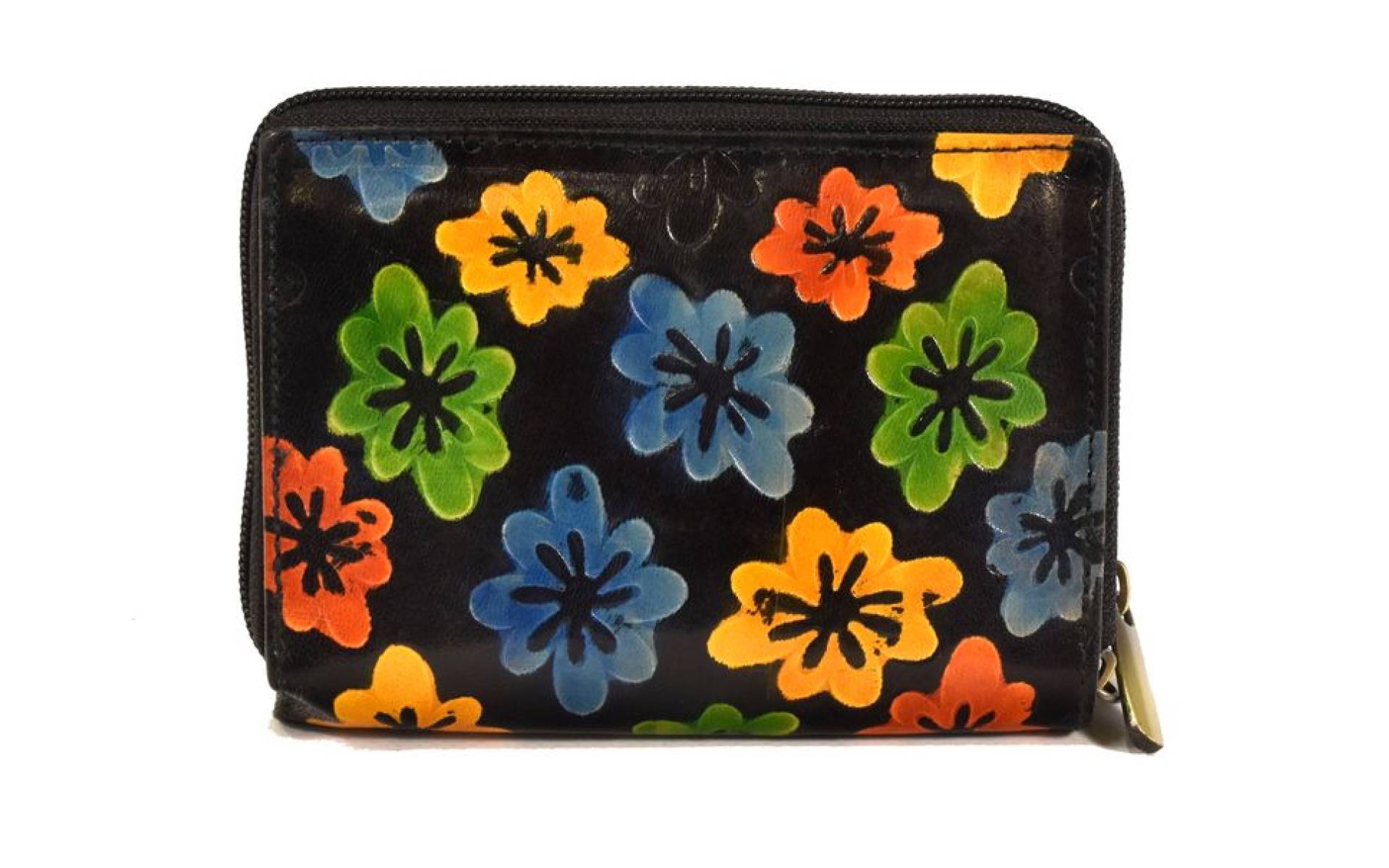 Peňaženka design "Drobné kvety", ručne maľovaná koža, čierna, 15x10cm
