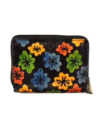 Peňaženka design "Drobné kvety", ručne maľovaná koža, čierna, 15x10cm