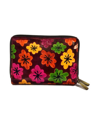 Peňaženka design "Drobné kvety", ručne maľovaná kože, vínová, 15x10cm