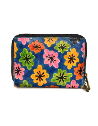 Peňaženka design "Drobné kvety", ručne maľovaná koža, modrá, 15x10cm