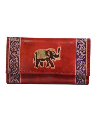 Peňaženka design "Indian elephant" ručne maľovaná kože, červená, 18x10,5cm