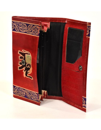 Peňaženka design "Indian elephant" ručne maľovaná kože, červená, 18x10,5cm