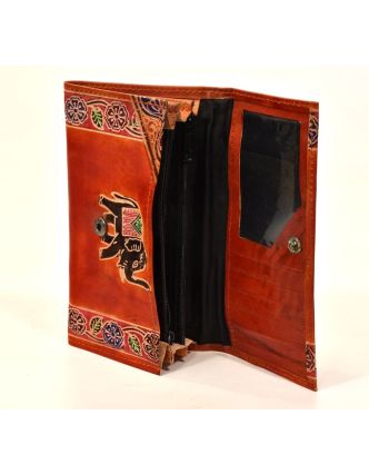 Peňaženka design "Indian elephant" ručne maľovaná koža, hnedá, 18x10,5cm