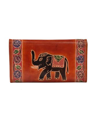 Peňaženka design "Indian elephant" ručne maľovaná koža, hnedá, 18x10,5cm
