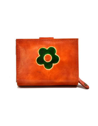 Peňaženka, design "Kytička", ručne maľovaná kože, oranžová, 12x9cm