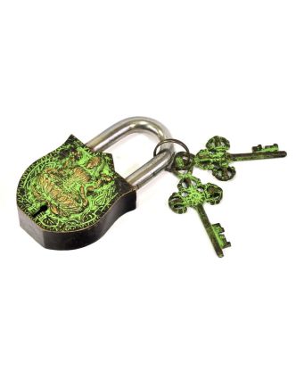 Visiaci zámok, Lakšmí, zelená mosadz, dva kľúče v tvare dorje, 11cm