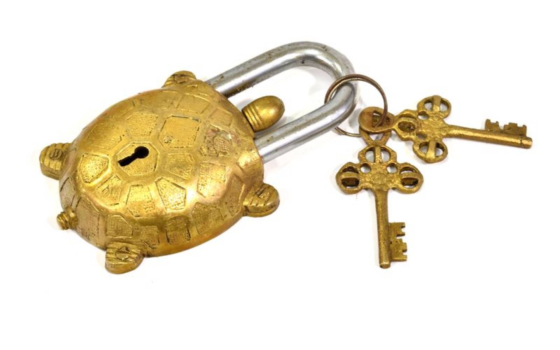Visiaci zámok, korytnačka, mosadz, dva kľúče, 13x7cm, kľúč 7cm