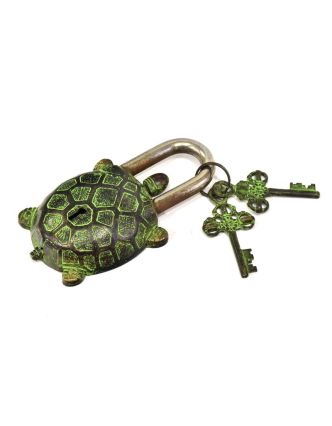 Visiaci zámok, korytnačka, mosadz antik, dva kľúče, 13x7cm, kľúč 7cm