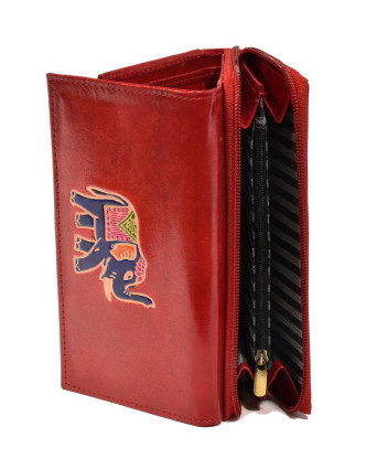 Peňaženka zapínaná na zips, červená so slonom, maľovaná kože, 17x11cm