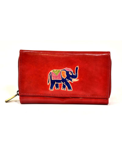 Peňaženka zapínaná na zips, červená so slonom, maľovaná kože, 17x11cm