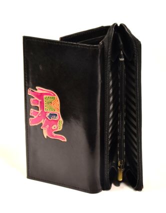 Peňaženka zapínaná na zips, čierna so slonom, maľovaná kože, 17x11cm