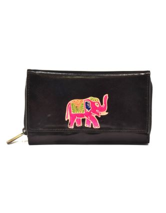 Peňaženka zapínaná na zips, čierna so slonom, maľovaná kože, 17x11cm