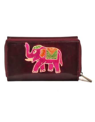 Peňaženka zapínaná na zips, vínová so slonom, maľovaná kože, 17x11cm