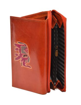 Peňaženka zapínaná na zips, hnedá so slonom, maľovaná kože, 17x11cm