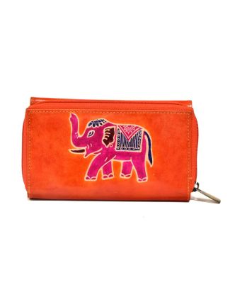 Peňaženka zapínaná na zips, hnedá so slonom, maľovaná kože, 17x11cm