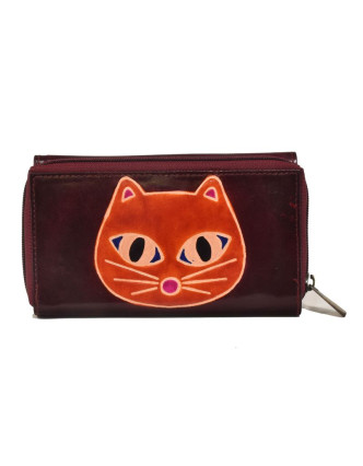 Peňaženka zapínaná na zips, fialová s mačkou, maľovaná kože, 17x11cm
