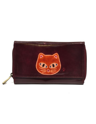 Peňaženka zapínaná na zips, fialová s mačkou, maľovaná kože, 17x11cm