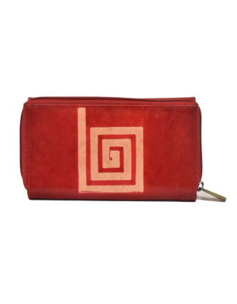 Peňaženka zapínaná na zips, červená so špirálou, maľovaná kože, 17x11cm