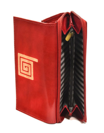 Peňaženka zapínaná na zips, červená so špirálou, maľovaná kože, 17x11cm