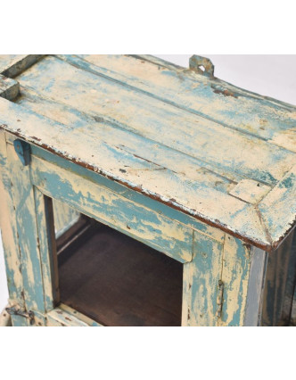Presklená skrinka z teakového dreva, tyrkysovo-krémová patina, 62x21x73cm