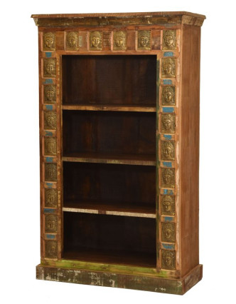 Knižnica z teakového dreva zdobená reliéfmi Budhov, 90x40x151cm