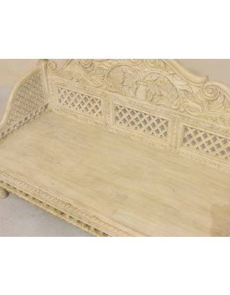 Masívne lavice z mangového dreva, biela patina, ručne vyrezávaná, 147x62x91cm