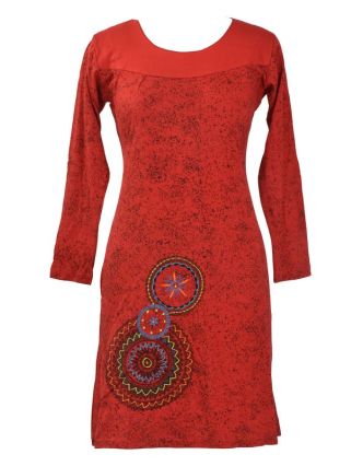 Krátke šaty s dlhým rukávom, červené, potlač mandál