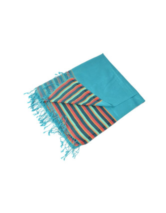 Luxusné hodvábny šál, tyrkysový, farebné konca, kvetovaný vzor, strapce, 186x73c