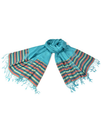 Luxusné hodvábny šál, tyrkysový, farebné konca, kvetovaný vzor, strapce, 186x73c