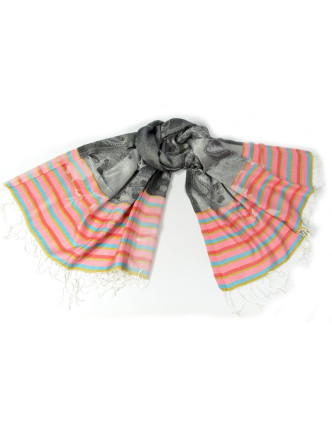 Luxusný hodvábny šál, šedý, farebné konce, kvetovaný vzor, strapce, 186x73cm