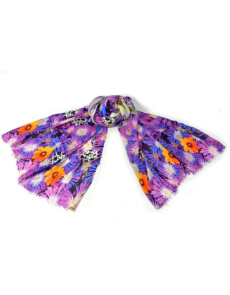 Luxusné vlnený šál, fialové kvety, cca 190x68cm