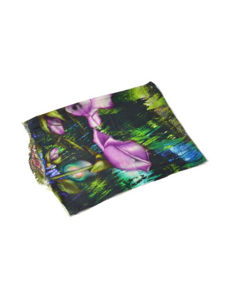 Luxusné vlnený šál, odtiene zelenej, fialovej kvety, cca 190x68cm
