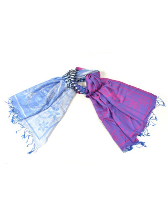 Luxusné hodvábny šál, modro-fialová, farebné konca, květ.vzor, strapce, 188x75cm
