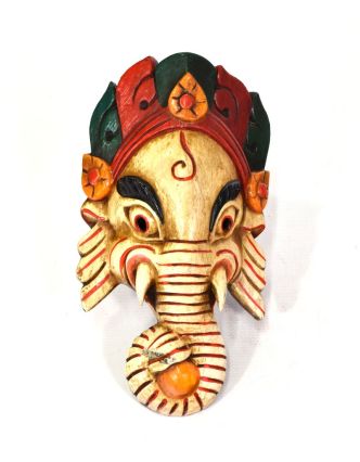 Ganéša, drevená maska, ručne maľovaná, svetlá, 13x24cm