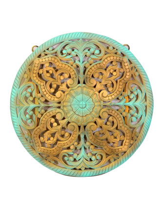 Mandala ručne vyrezávaná z mangového dreva, tyrkysovo-zlatá patina, 107x7x107cm