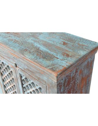 Stará komoda z mangového dreva, drevená mreža, tyrkysová patina, 167x43x111cm