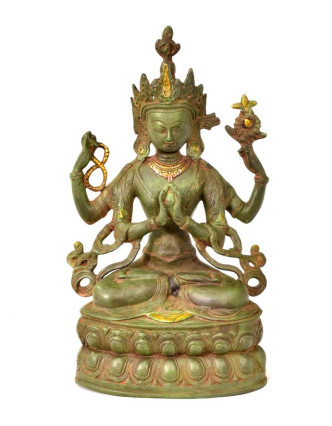 Avalokitéšvara, kovová soška, zelená patina, 36cm
